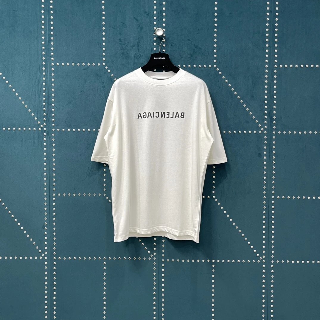 Balenciaga T-shirt Mirror Image Letters on the Chest logo round Neck Short Sleeve25ss New pure cotton T Unisex T-Shirt OS Loose Fit Base Shirt Top Half Sleeve T-Shirt