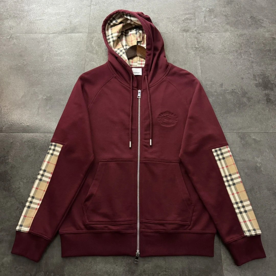 Burberry Hoodie Classic Plaid Patchwork Zipper Hoodie Sweatshirt Jacket Unisex Sports Casual OS Loose fit versatile style