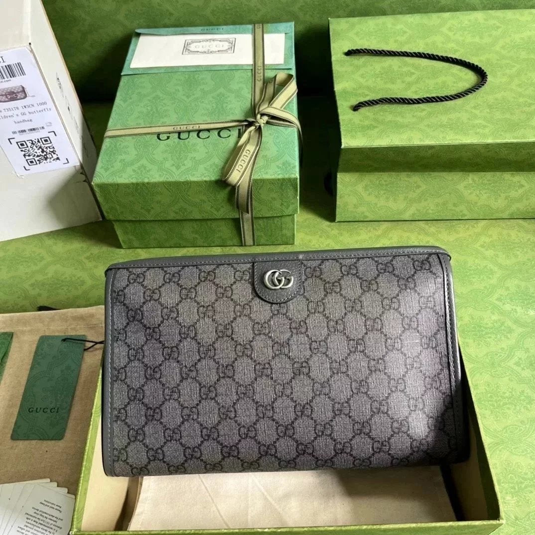 Gucci Women's Bag Top version 【Original Leather Highest Version】New2023New Men's Handbag Ophidia Series Interlocking Double G Clutch Wash Bag Storage Bag Cosmetic Bag Wash Box Bag New Color Gray572767598234