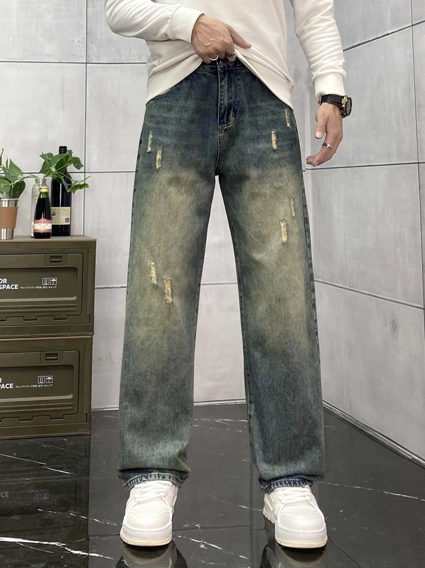 Gucci Jeans Back Waist Leather Tag logo Straight Washed Blue Jeans Autumn Winter New Unisex Casual Wide Leg High Waist Loose Fit Pants