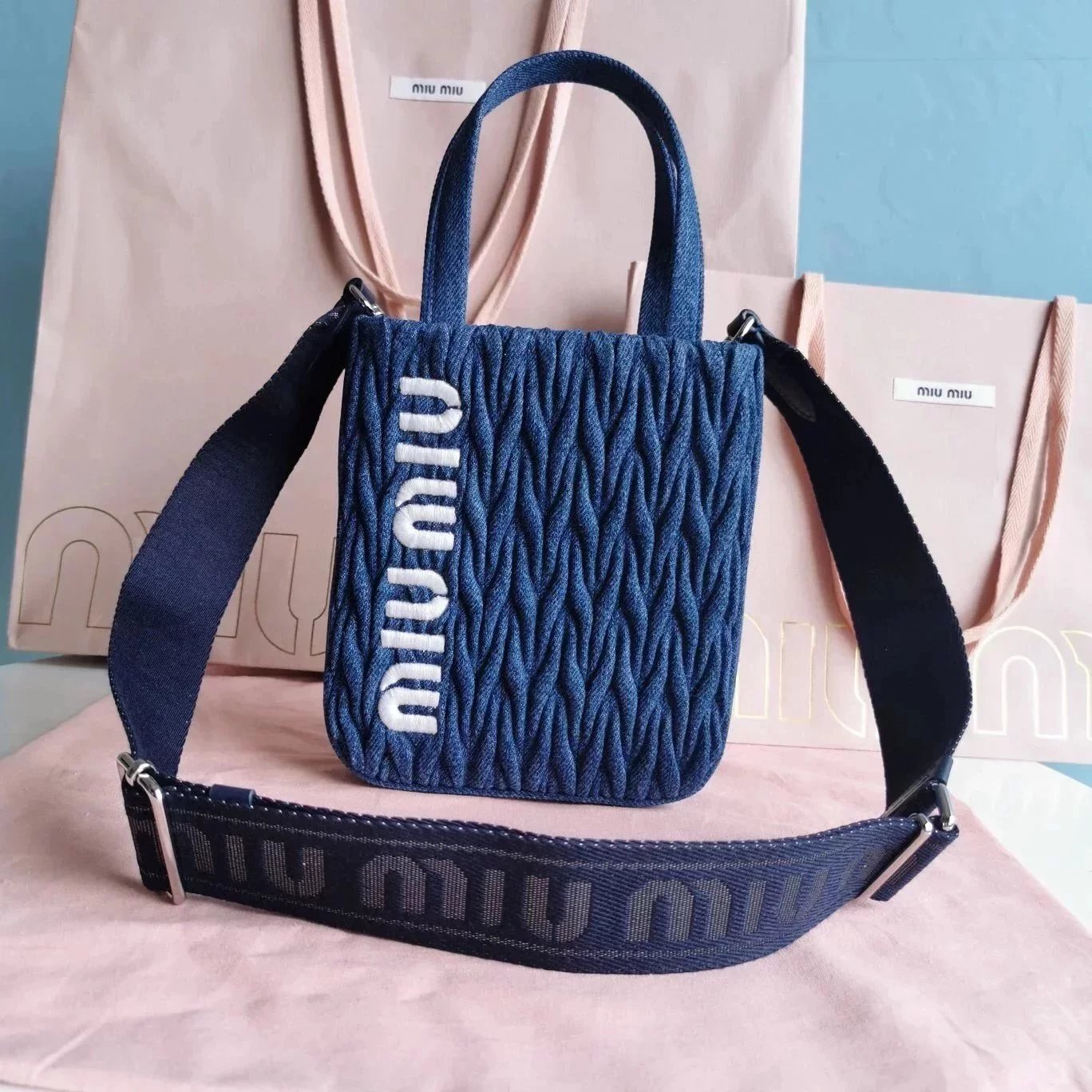 Miu Miu Bag Top version Women's Bag22New Women's Denim Canvas Wide Shoulder Strap Portable Tote Bag Pleated Lambskin tote Shoulder Crossbody Bag