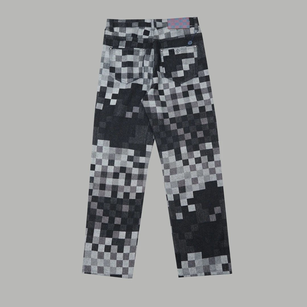 Louis Vuitton LV Jeans Allover Checkerboard Print logo25ss Spring Summer New Straight Loose Jeans Unisex Slim Fit Long Pants