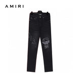 Amiri Jeans Predecessor Black Letter Leather Patchwork logo25ss Spring Summer New Straight Loose Jeans Unisex Slim Fit Long Pants