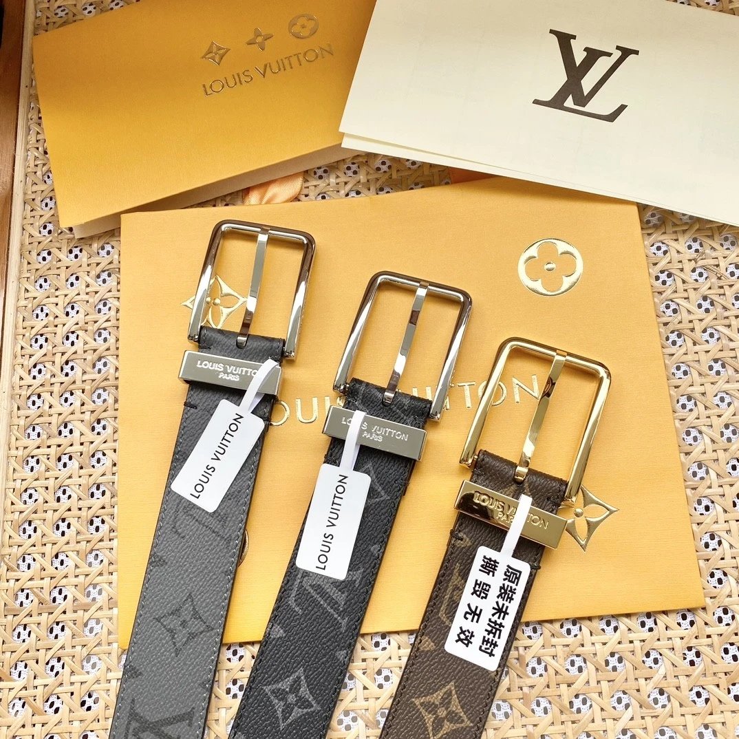 Louis Vuitton LV Belt Top version The Most New Belt3.5cm Men's Belt Metal Buckle Men's Leather Belt with Classic Checkerboard Plaid Belt