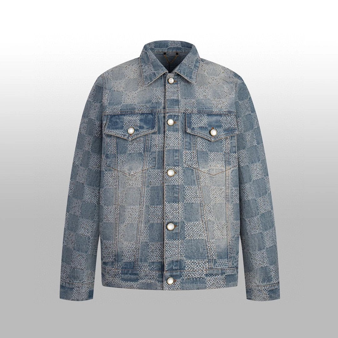 Louis Vuitton LV Jackets Crystal Diamond Bamboo Knot Cotton Heavy Craft Washed Checkerboard Jacquard Denim Jacket Fashion Simple Heavy Casual Short Denim Unisex Washed Vintage Turn-down Collar Jacket