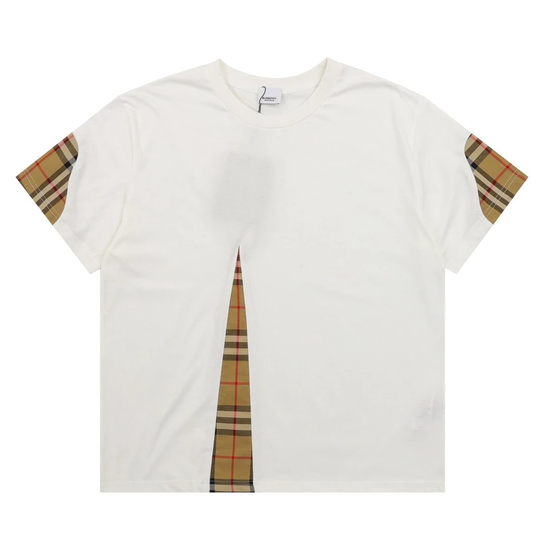 Burberry T-shirt Front Plaid Stitching logo round Neck Short Sleeve25ss New Pure Cotton Unisex Style T T-shirt OS Loose Fit Base Shirt Top Half Sleeve T-Shirt