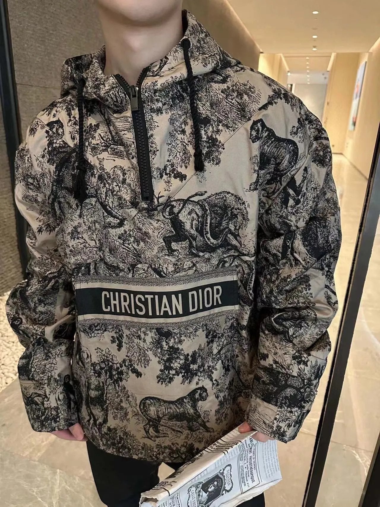 Dior Jackets Full Print Old Flower Rui Jungle Animal Series Hooded Windbreaker Waterproof Half-Zip Jacket Unisex