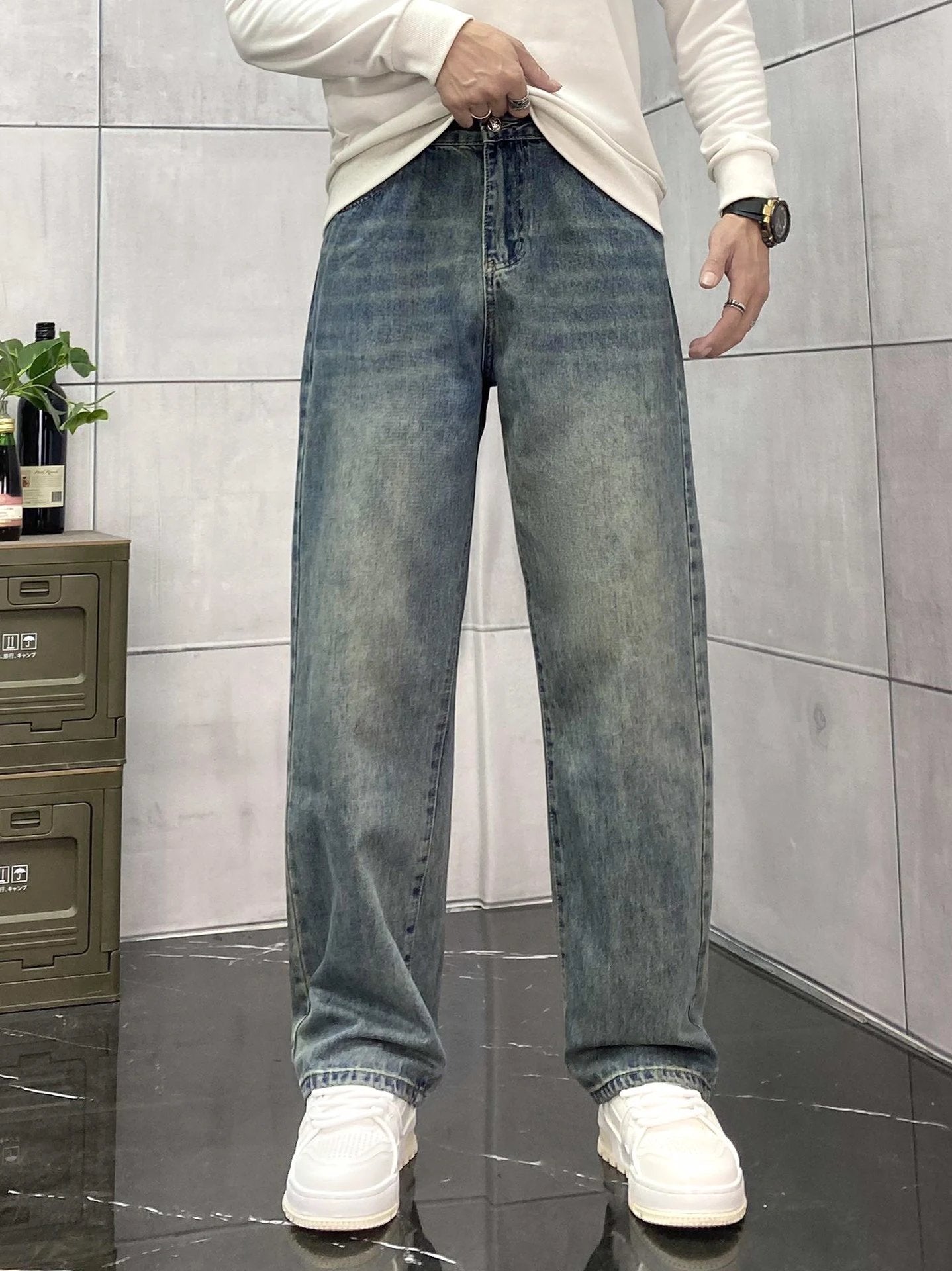 Burberry Jeans Double B Back Waist Leather Tag logo Straight Washed Blue Jeans Autumn Winter New Unisex Long Pants Loose Casual High Waist