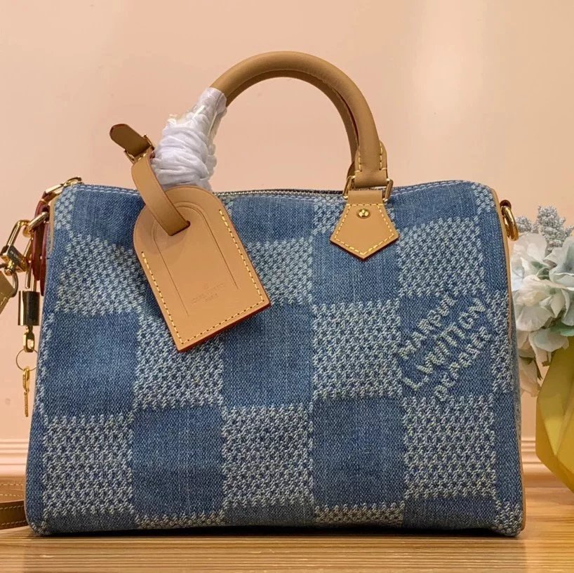 Louis Vuitton LV Women's Bag Top version 【Super Original Leather】Speedy25Handbag N40700Blue(Plaid Denim)FWPjh New Denim Handbag Pillow Bag【FWNanospeedy18cm Handbag】N40682Blue(Plaid Denim)