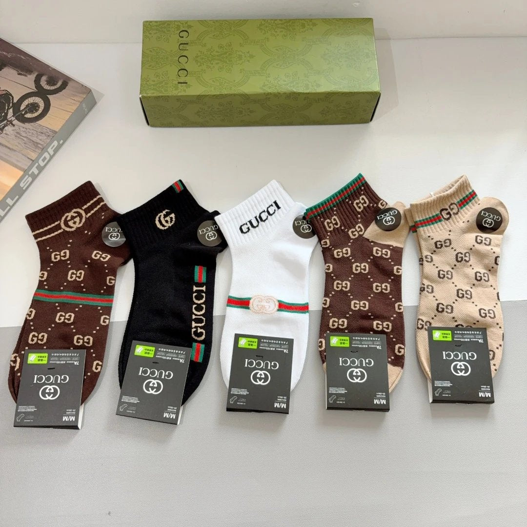 Gucci Sock 【a Box5Double】Full Print Double G Jacquard logo Breathable Fashion25ss New Short Cotton Socks Spring Summer Autumn Thin Business Deodorant Sweat-Absorbing Sports Casual Versatile