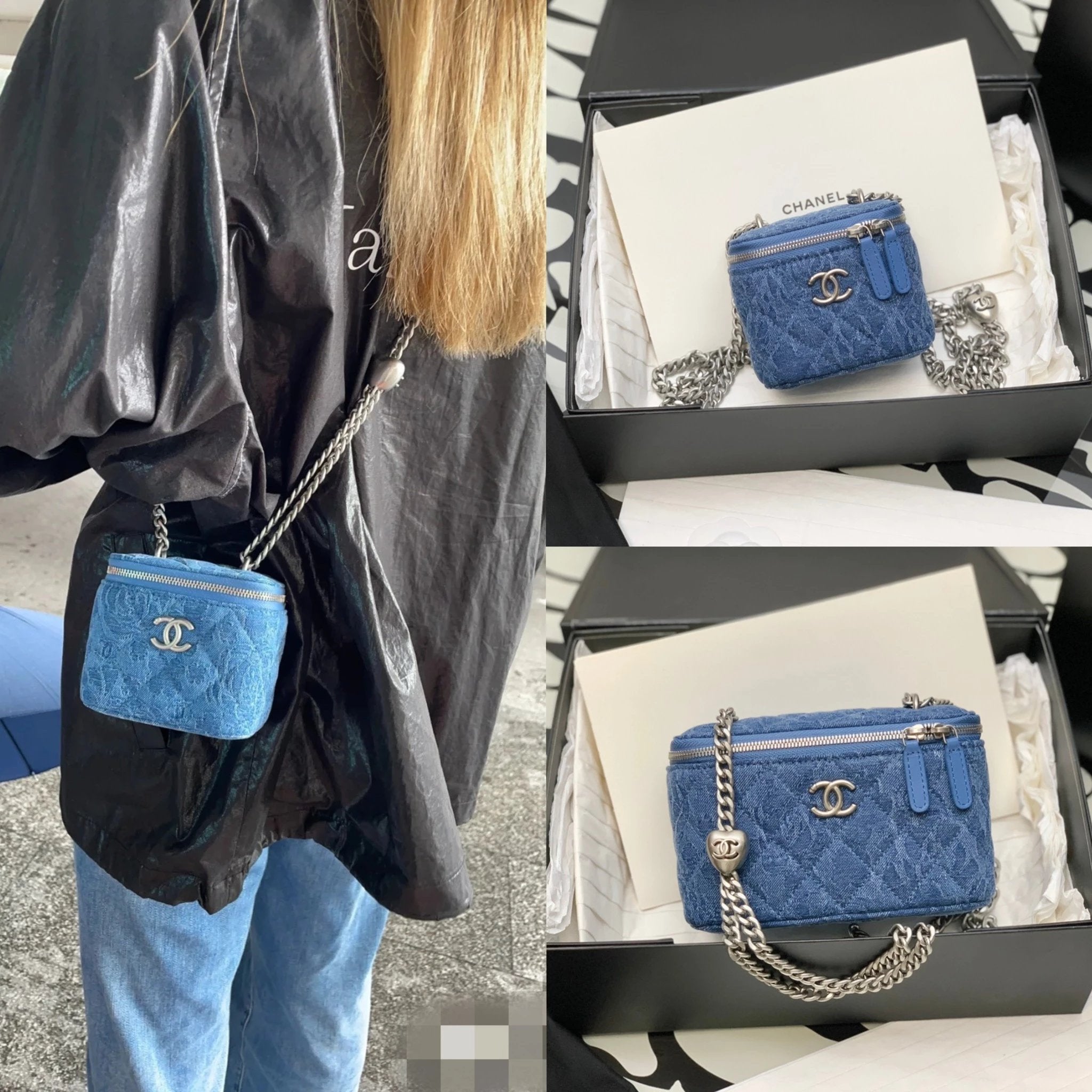 Chanel Women's Bag Top version 【**Original Factory】23New Denim Box Bag Love Adjustable Buckle Small Box Cosmetic Bag Camellia Series New Women's Bag Small Waste Bag