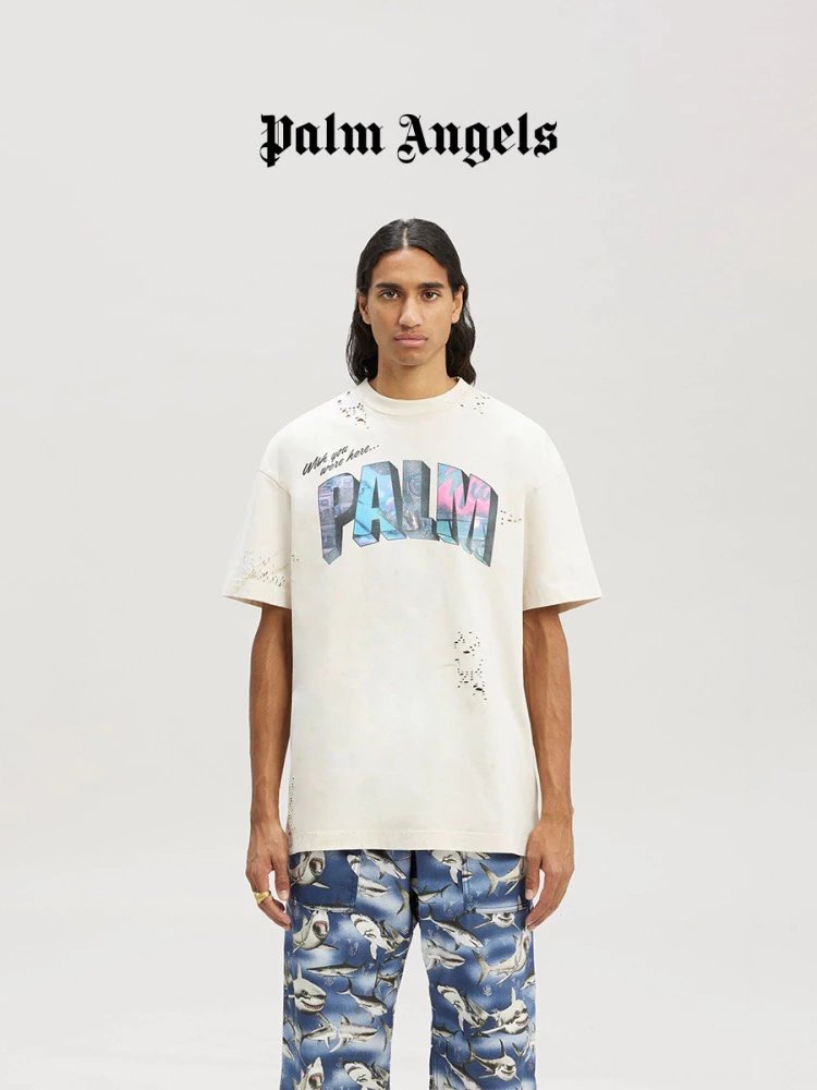 Palm Angels T-shirt Top Version Men's and Women's Same Style White Cotton Retro Style Printed round Neck T T-shirt