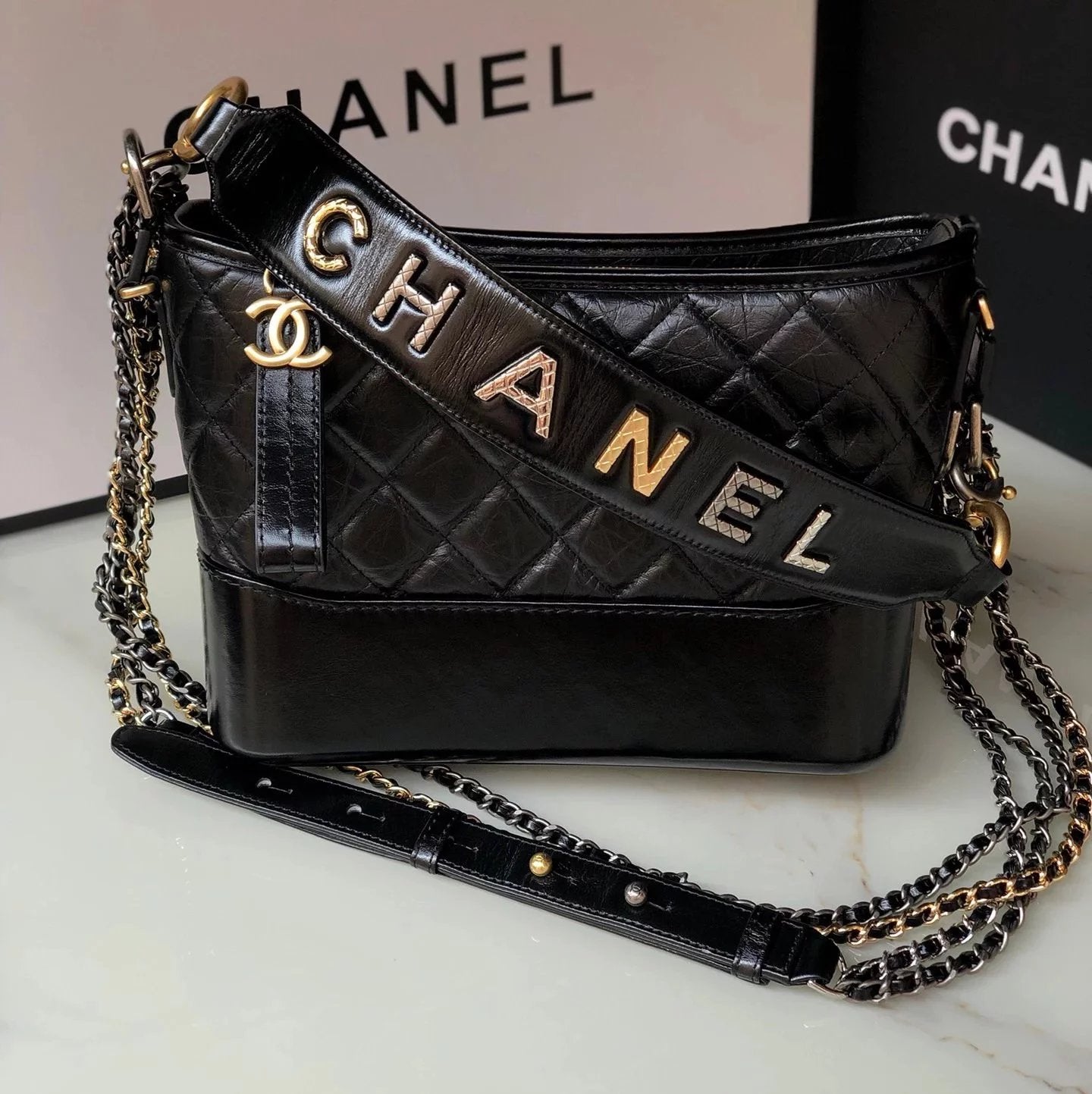 Chanel Women's Bag Top version 【Original Leather】Gabrielle Hobo Bag Letter Color Matching Large Shoulder Strap Diamond Plaid Original Leather Handbag Shoulder Bag Messenger Bag Hobo Bag Women's Bag