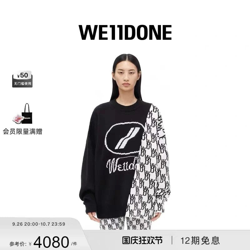 We11done Sweater Top Version Neutral Classic Color Mixing logo Printed Black Loose Casual Jacquard Long-Sleeved Sweater