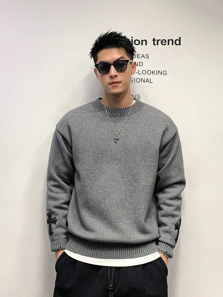 Chrome Hearts Sweater Top Version Embroidered Black Sweater Men's Autumn and Winter Thickening Fashion Brand Loose Inner Wear Bottoming Sweater Top