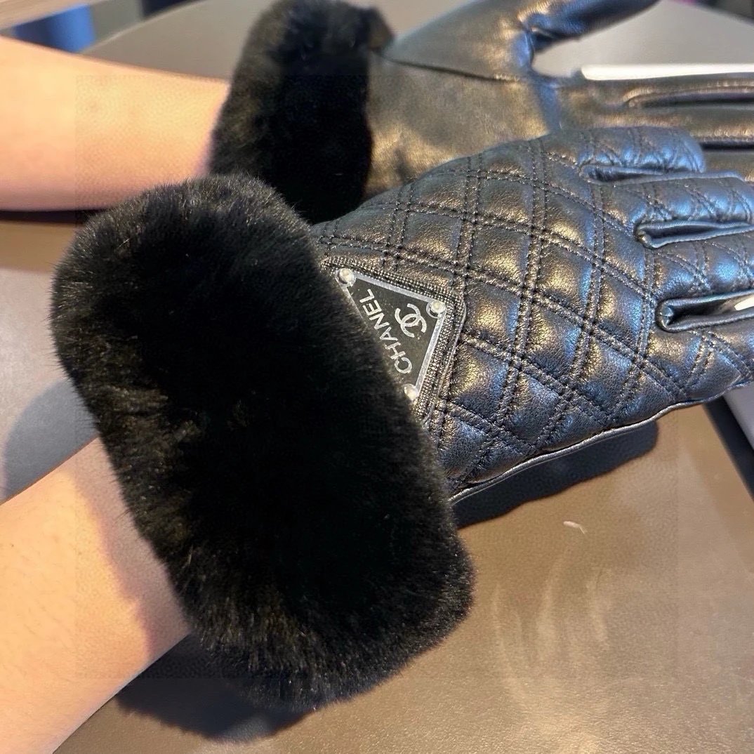 Chanel Gloves Casual Fashion Leather Gloves2024Autumn and Winter Lazy Rabbit Fur Sheepskin Gloves