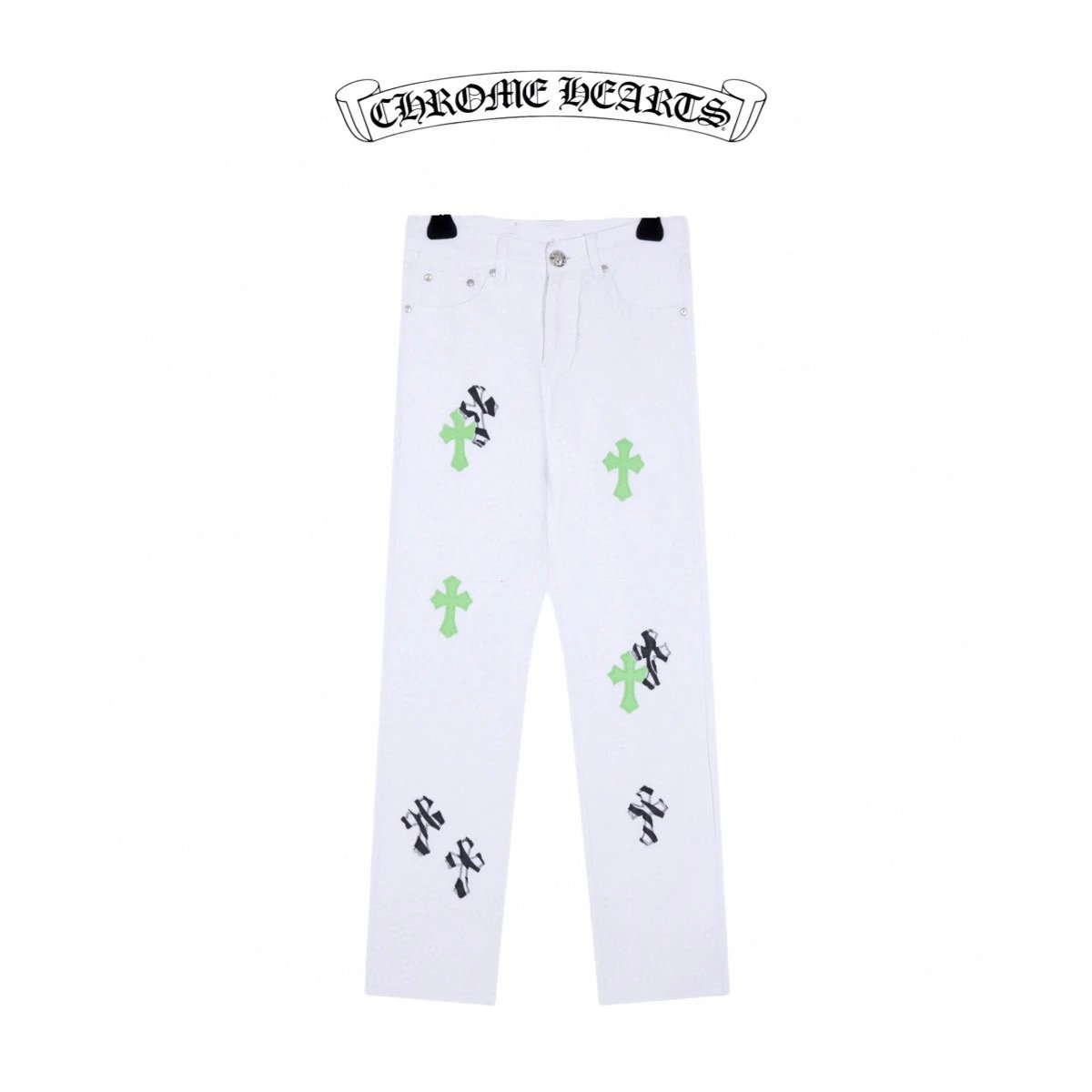Chrome Hearts Jeans Front and Back Apple Green Cross Stitch Leather logo25ss Spring Summer New Straight Leg Jeans Unisex Slim Fit Long Pants Loose