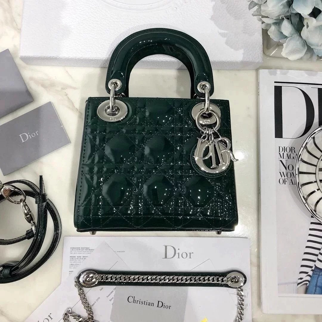 Dior Women's Bag Top version Version2023New ladymini Bag Diana Bag Three-Grid Classic Patent Leather Chain Shoulder Messenger Handbag Women's Bag