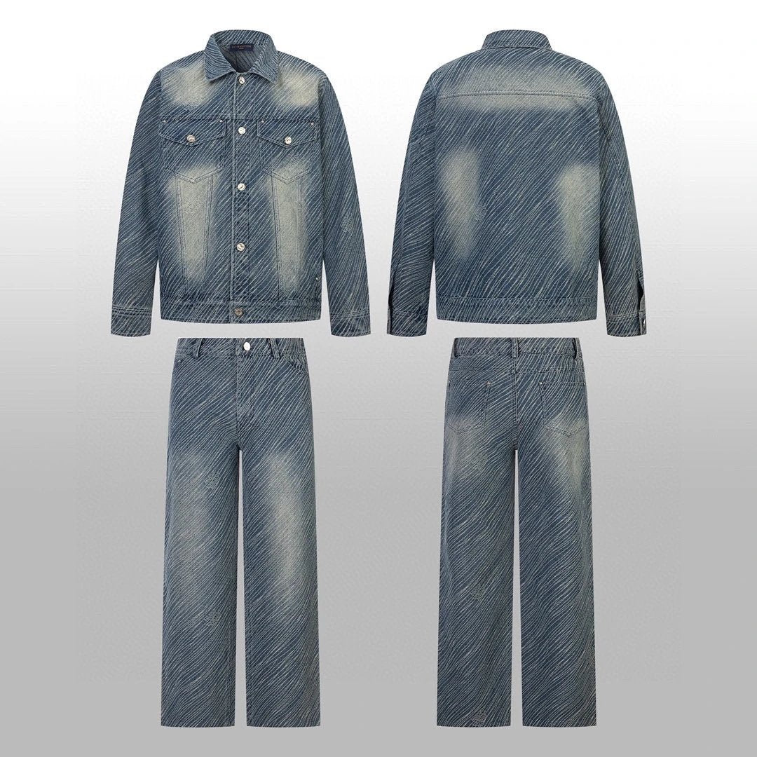 Louis Vuitton LV Jackets Set Bamboo Cotton Denim Heavy Craft Washed Artificial Weaving Denim Jacket Fashion Simple Heavy Casual Short Denim Unisex Washed Vintage Turn-down Collar Jacket