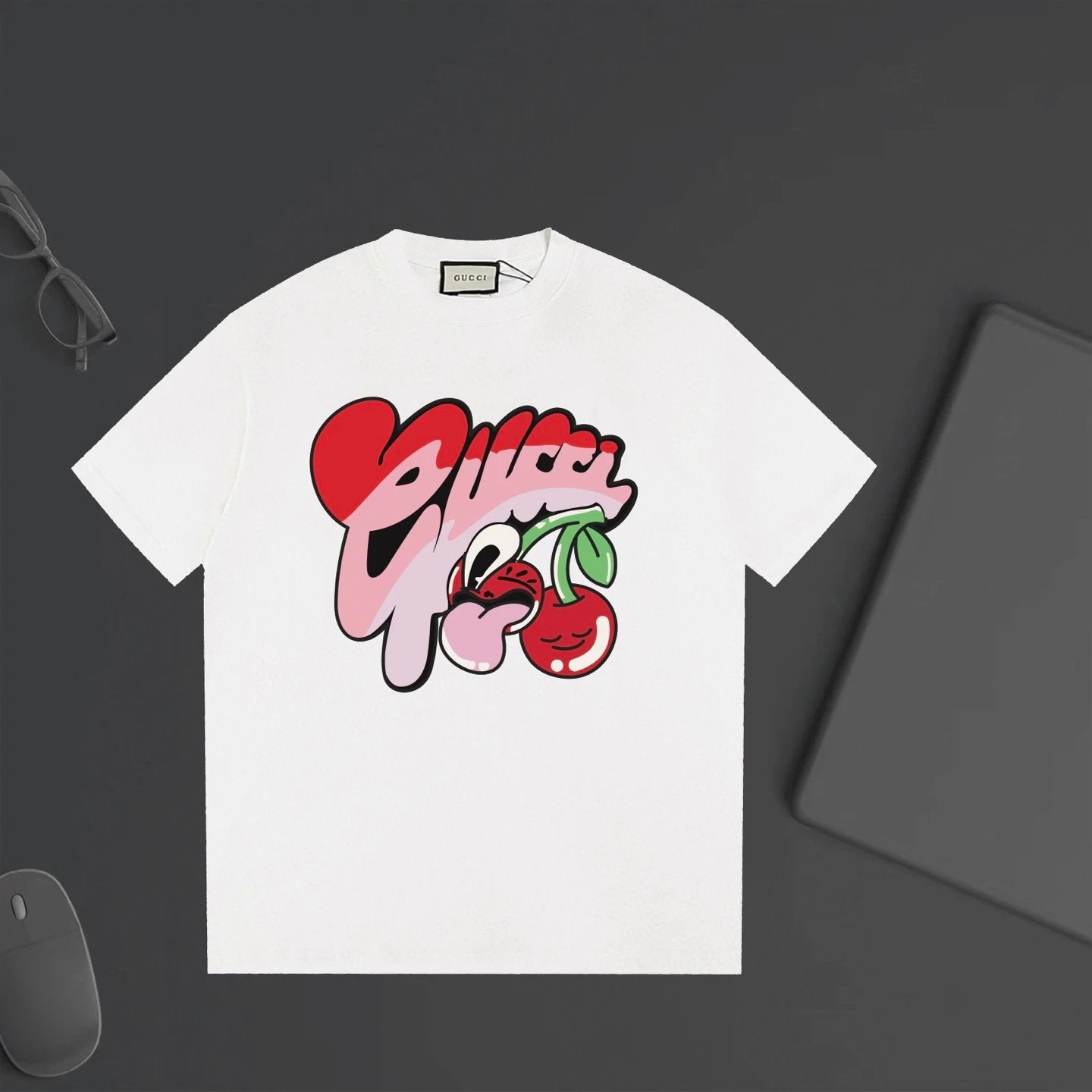 Gucci T-shirt Chest Cherry Letter Print logo round Neck Short Sleeve25ss New Pure Cotton Unisex Style T Casual T-Shirt Base Layer Shirt OS Loose Fit Half Sleeve Top Plus Size