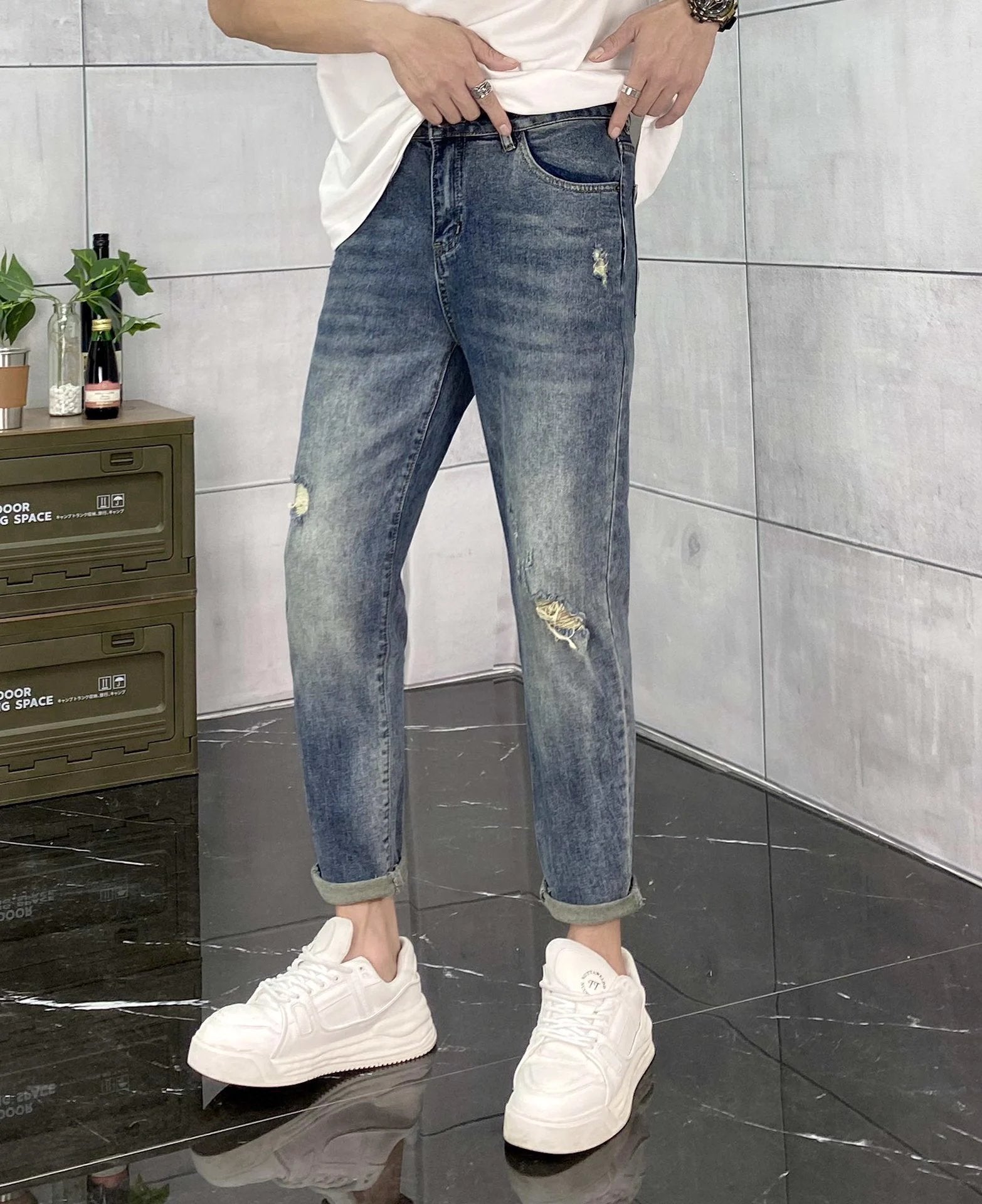 Dior Jeans Back Waist Presbyopic Leather Tag logo Ripped Straight-Leg Washed Blue Jeans Autumn Winter New Unisex Straight-Leg Long Pants Loose Casual Wide-Leg High Waist