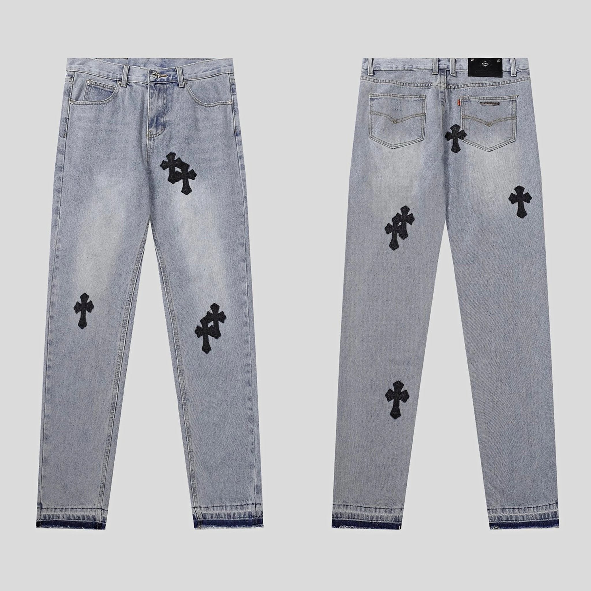 Chrome Hearts Jeans Top Version Jeans Croojia Cross Leather Tag Black Washed Trousers Casual Men's and Women's Micro Loose All-Matching Contraction Trouser