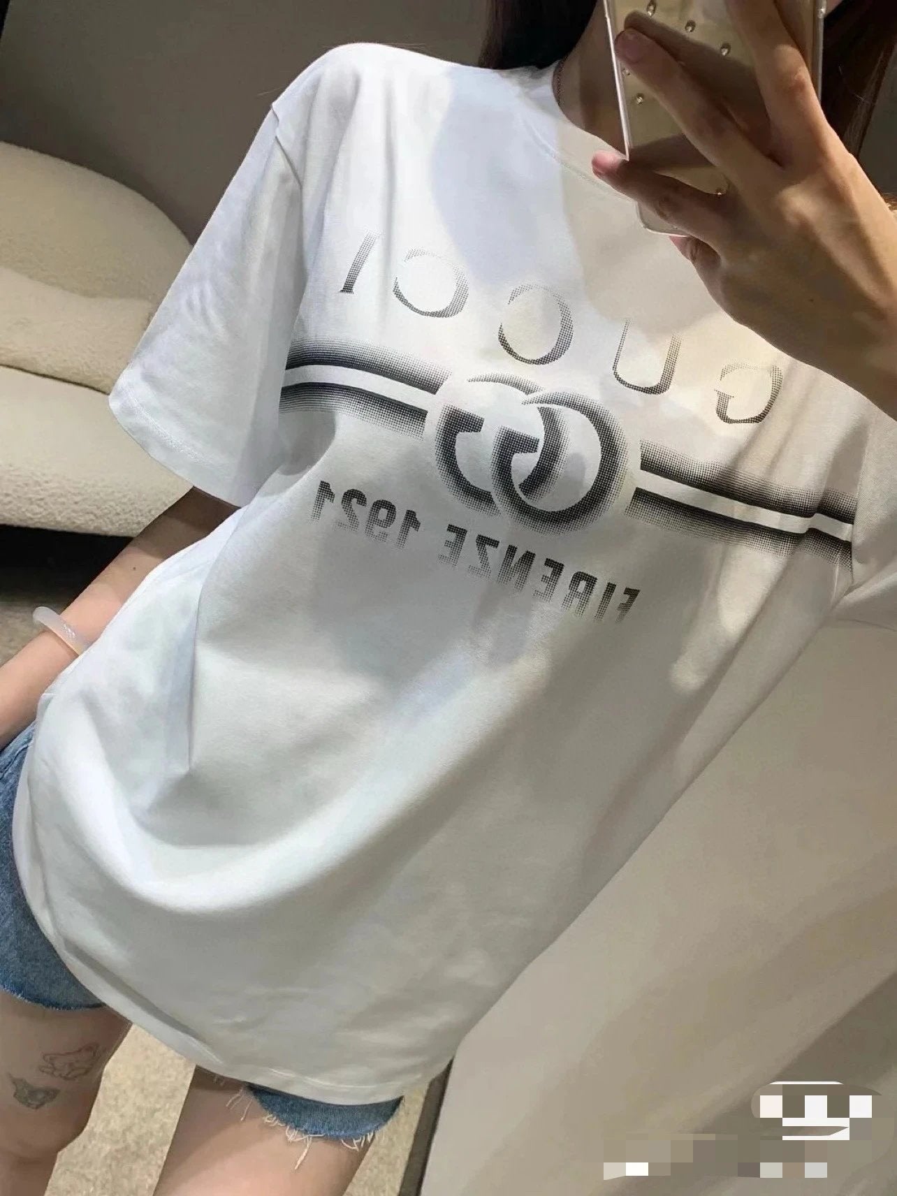Gucci T-shirt Chest Shadow Letter Print logo round Neck Short Sleeve25ss New Pure Cotton Unisex Style T Casual T-Shirt Base Layer Shirt OS Loose Fit Half Sleeve Top Plus Size