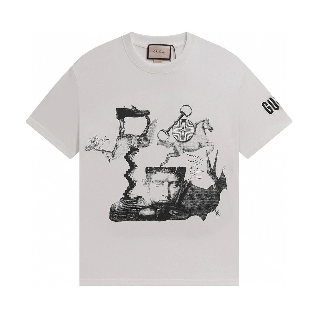Gucci T-shirt Chest Art Ink Painting Pattern Print logo round Neck Short Sleeve25ss New Pure Cotton Unisex Style T Casual T-Shirt Base Layer Shirt OS Loose Fit Half Sleeve Top Plus Size