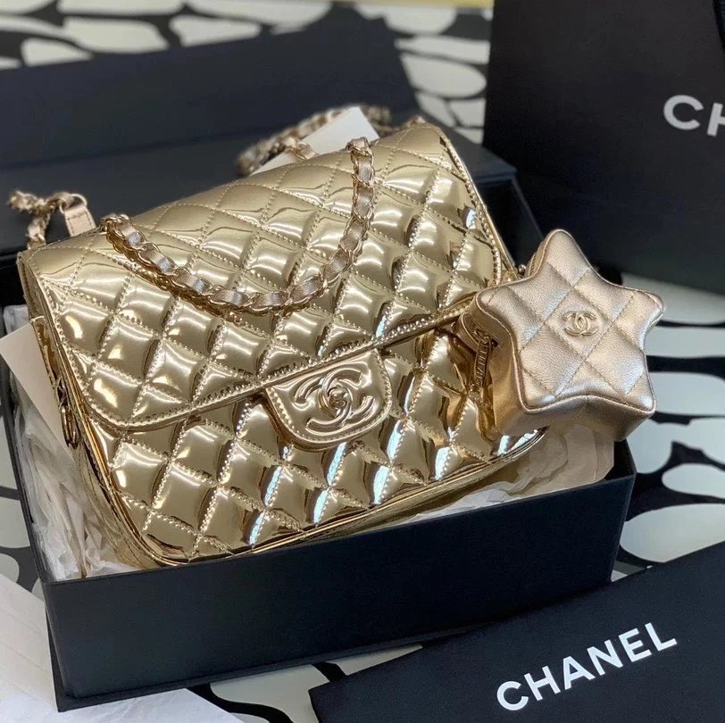 Chanel Women's Bag Top version 【Super Original Leather Highest Version】1/24C Early Spring New Five-Pointed Star Backpack Original Laser Bag Patent Leather Backpack Shoulder Messenger Handbag Women's Chain Backpack Gold XINGX Schoolbag Silver XINGX Backpac