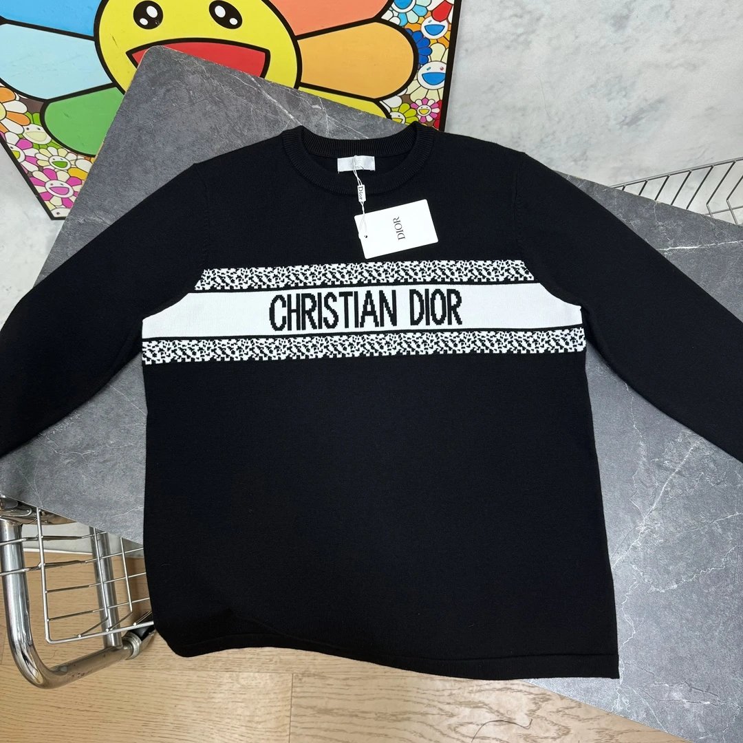 Dior Sweater Horizontal Line Letter Crew Neck Knit Sweater700High Weight Pullover Sweater os Casual Loose Fit Inner Layer Cashmere Sweater Unisex Base Shirt Top24ss Autumn and Winter New Products