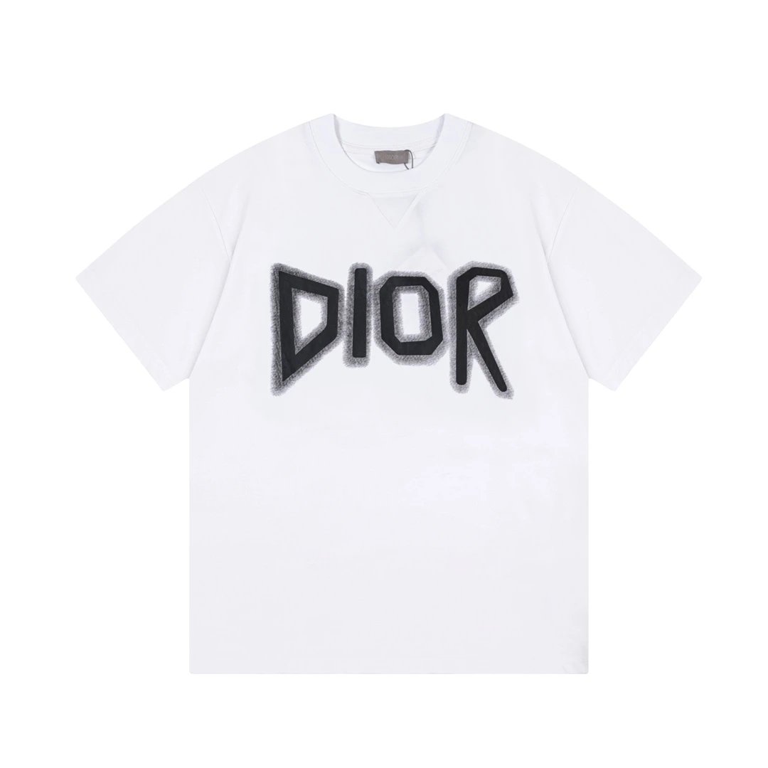 Dior T-shirt Gradient Letter Graffiti Print on Chest logo round Neck Short Sleeve25ss New Pure Cotton Unisex Style T Casual T-Shirt Base Layer Shirt OS Loose Fit Half Sleeve Top Plus Size