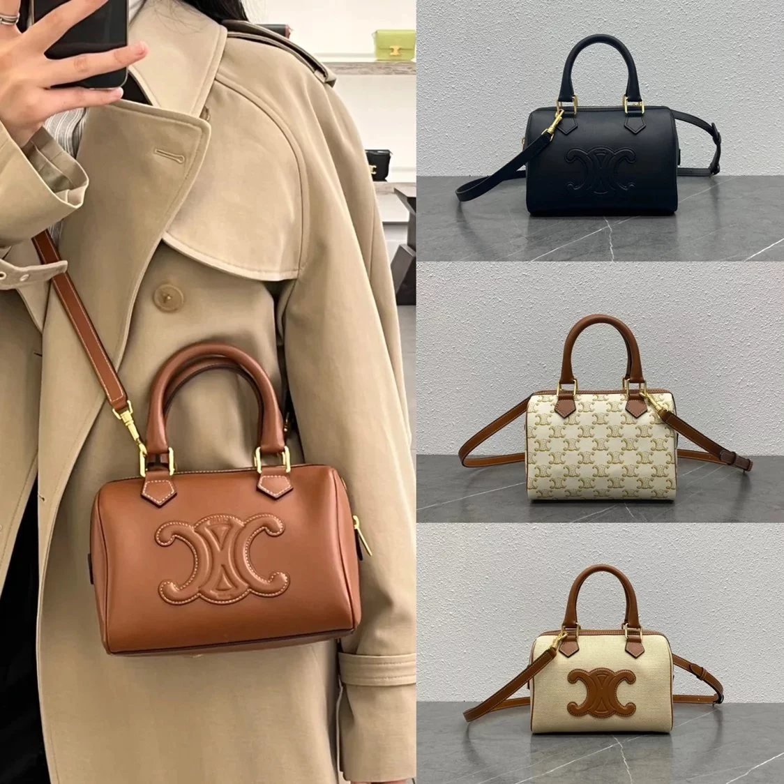 Celine women's bag Top version 【Original Leather】New Product Launch Boston Bag celine2022Autumn and Winter New Arc De Triomphe Small Size Boston Pillow Bag Shoulder Crossbody Hand Holding Pillow Bag Pillow Bag New Women's Bag