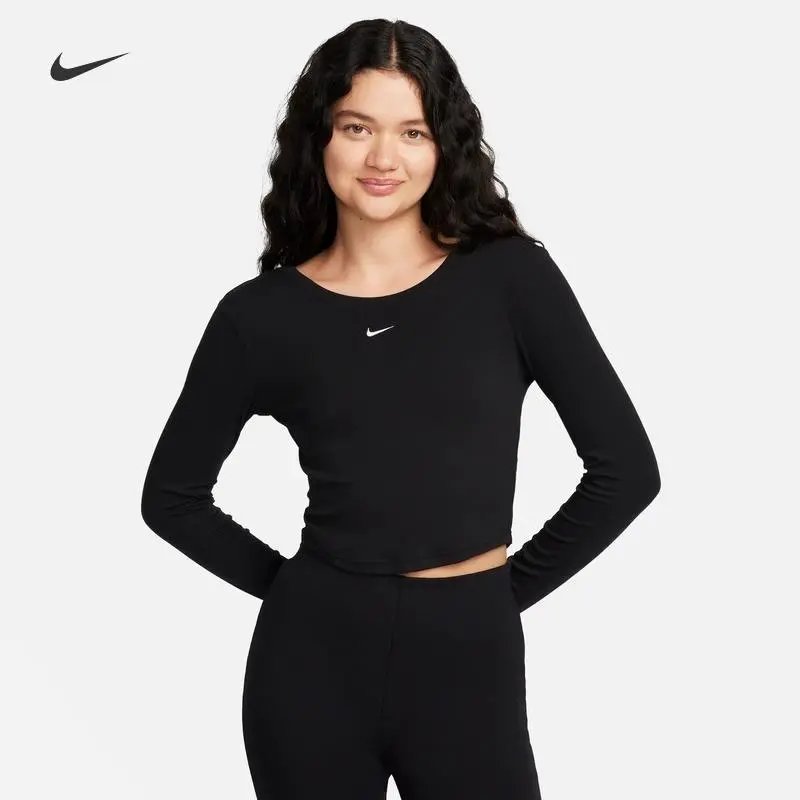 Nike Women's New Bottoming Shirt Tight round Neck Low Back Fine Rib Leisure Sports Long Sleeve T T-shirt FN3662