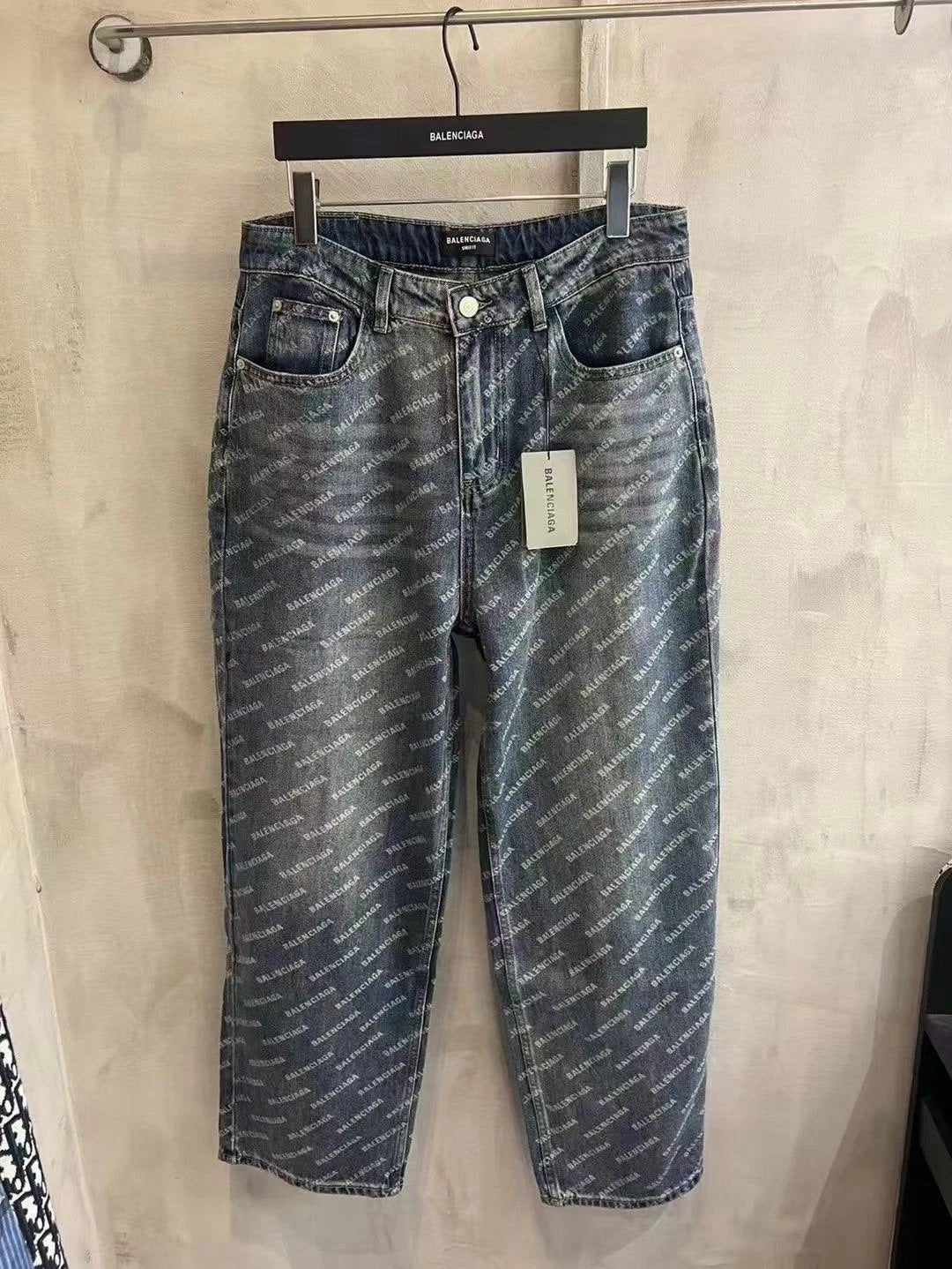 Balenciaga Jeans Alphabet Full Print Denim Pants.Straight-Leg Versatile Fit Heavy-Duty Washed Spray Paint Craft Long Pants Unisex