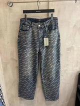 Balenciaga Jeans Alphabet Full Print Denim Pants.Straight-Leg Versatile Fit Heavy-Duty Washed Spray Paint Craft Long Pants Unisex