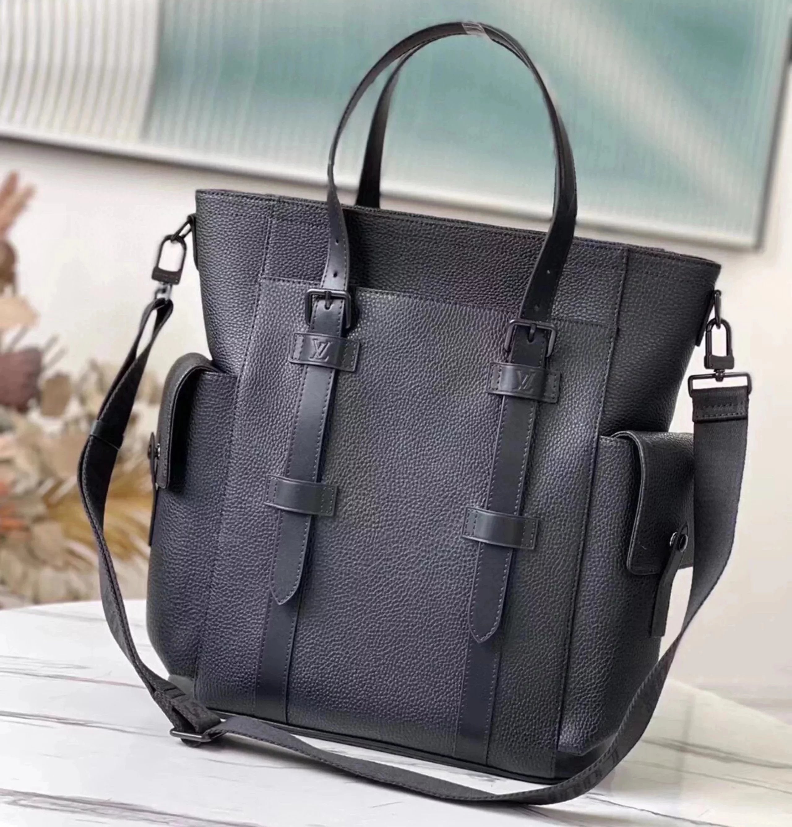 Louis Vuitton LV Backpack Top version 【Town Store】M58479Full Leather Black Briefcase Series ChristopheTote Men's Tote Briefcase Shoulder Bag Business Trip Men's Bag