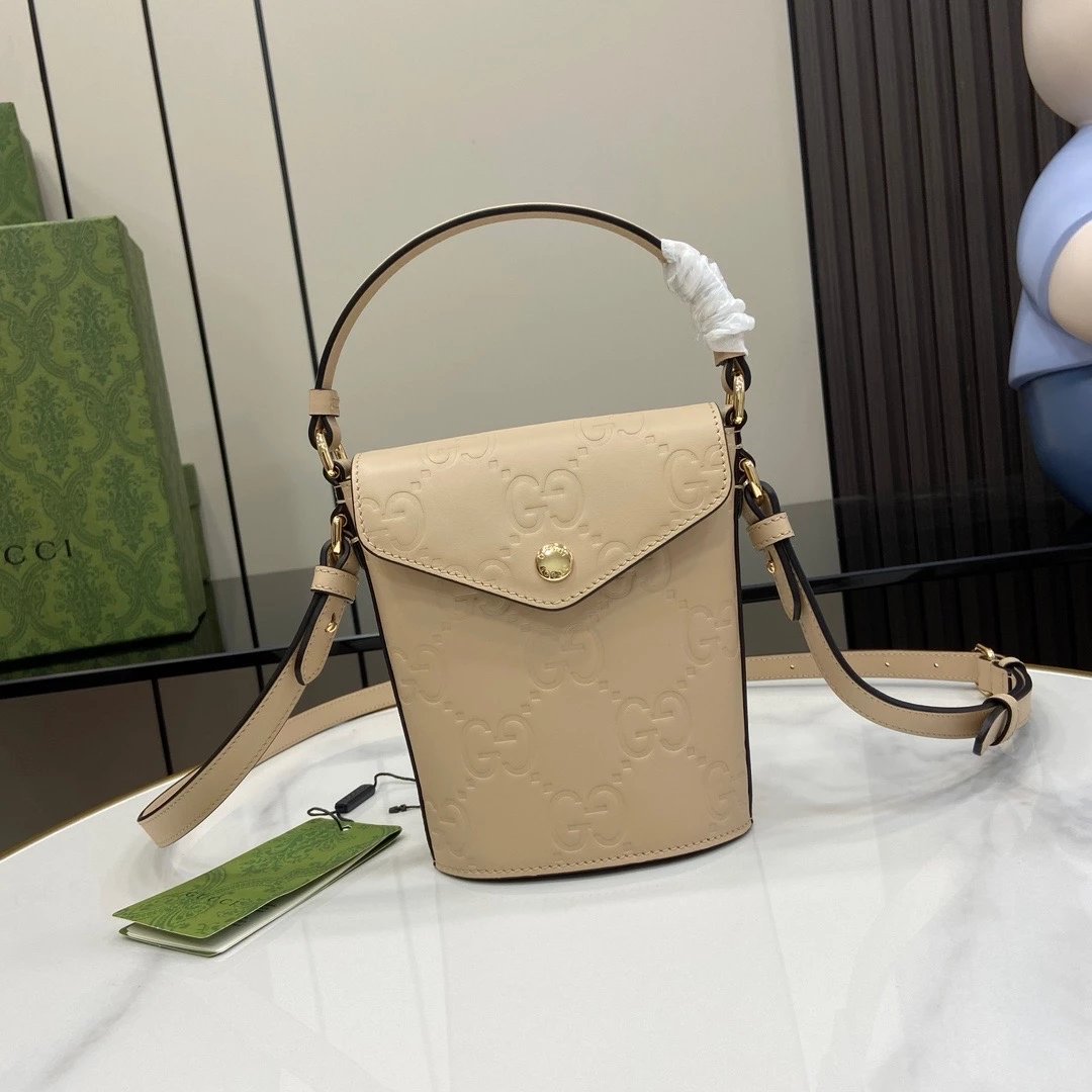 Gucci Women's Bag Top version Super Original Leather【24New Product】Ophidia Series Mini Bucket-Shape Bag Handbag Four-Color Embossed Original Leather Home New Mobile Phone Bag Portable mini Small Bag Fashion Women's Bag12.5cm Model：772795