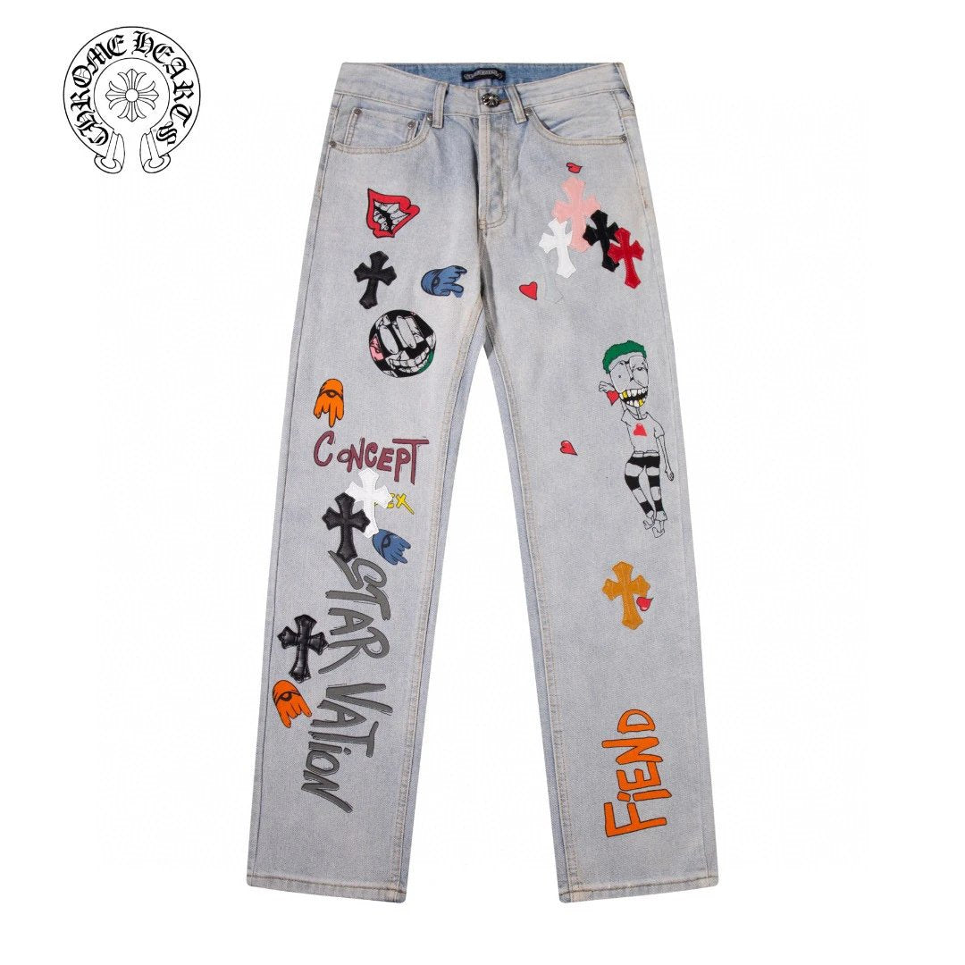 Chrome Hearts Jeans Front and back graffiti print logo25ss Spring Summer New Straight Slim Fit Jeans Unisex Loose Fit Long Pants