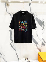 LOEWE T-shirt Multicolor Graffiti Letter Tassel Embroidery on the Chest logo round Neck Short Sleeve25ss New pure cotton T Unisex T-Shirt OS Loose Fit Base Shirt Top Half Sleeve T-Shirt