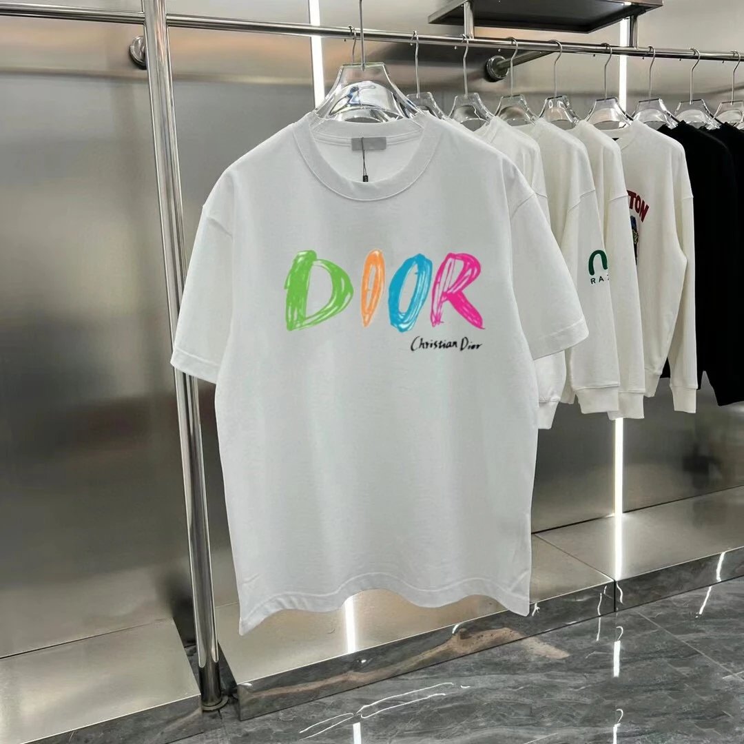 Dior T-shirt Hand-painted Letter Print on the Chest logo round Neck Short Sleeve25ss New Pure Cotton Unisex Style T T-shirt OS Loose Fit Base Shirt Half Sleeve T-Shirt Top Half Sleeve