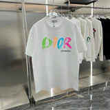 Dior T-shirt Hand-painted Letter Print on the Chest logo round Neck Short Sleeve25ss New Pure Cotton Unisex Style T T-shirt OS Loose Fit Base Shirt Half Sleeve T-Shirt Top Half Sleeve