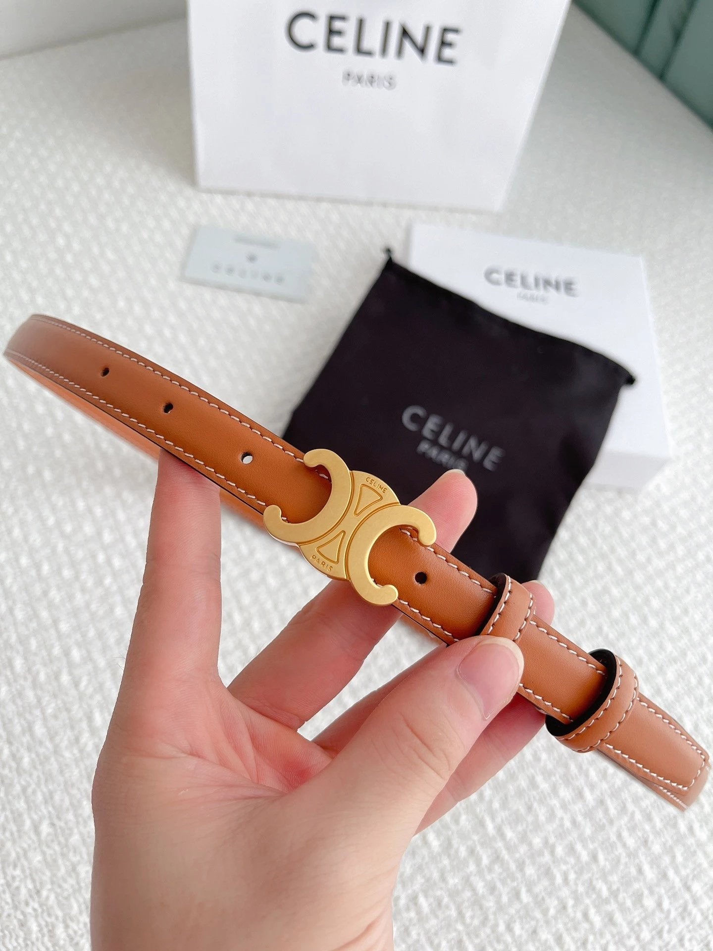 Celine Belt Top version Counter Version Free Packaging Ladies Belt Width1.8cm Counter Full Set Packaging Imported Smooth Cow Leather Belt Boutique Palladium Plated Pin Buckle Retro Style Pure Copper Golden Mingring