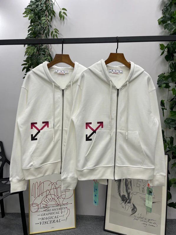 OFF -White Jackets Top Version Cardigan Zipper Coat Counter Same Style Heavy New Casual Hooded Sweater Versatile Loose Hoodie Trendy Pure Cotton