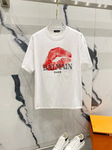 Balmain T-shirt Brand Logo LOGO Bright Red Lip Print Round Neck Short Sleeve25ss New Pure Cotton Unisex Style T T-shirt OS Loose Fit Base Shirt G Home Top Half Sleeve T-Shirt