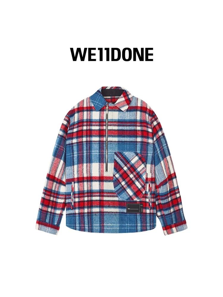 We11done Shirt Top Version Half Zipper Wool Plaid Striped Baggy Coat Shirt for Men and Women