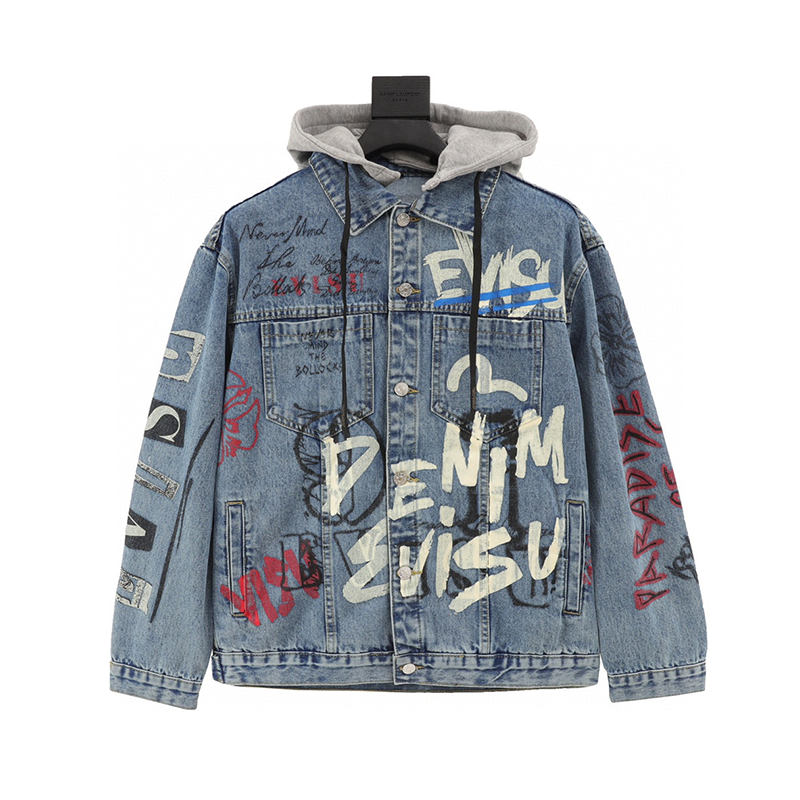 Evisu Jackets Graffiti Patterned Denim Jacket Same Style for Men and Women