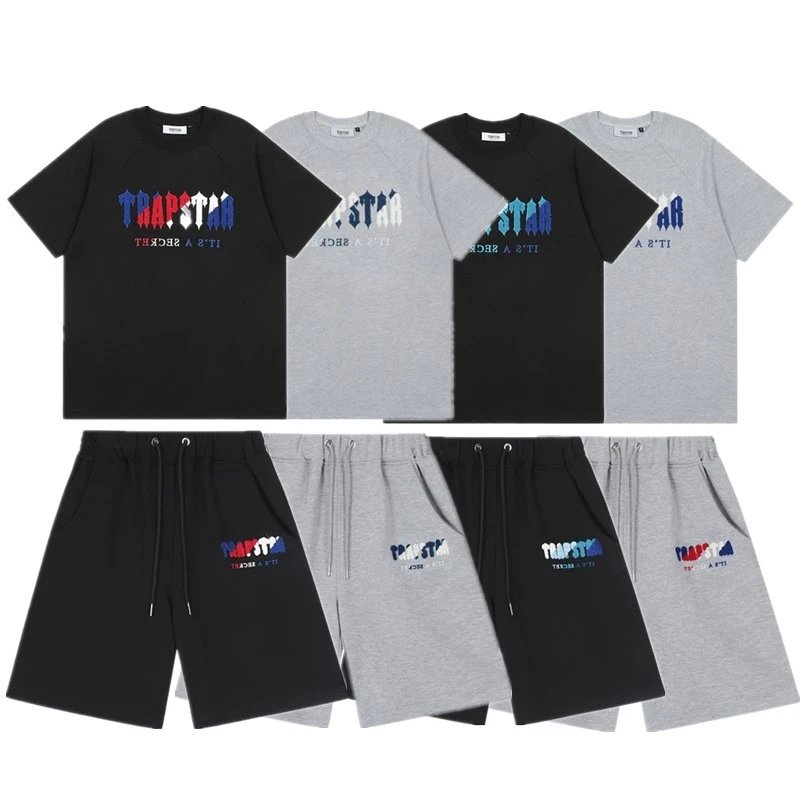 Trapstar T-shirt Summer Gradient Letters White and Blue Towel Embroidery Short Sleeve T T-shirt Shorts Men's Couple Casual Suit-CY