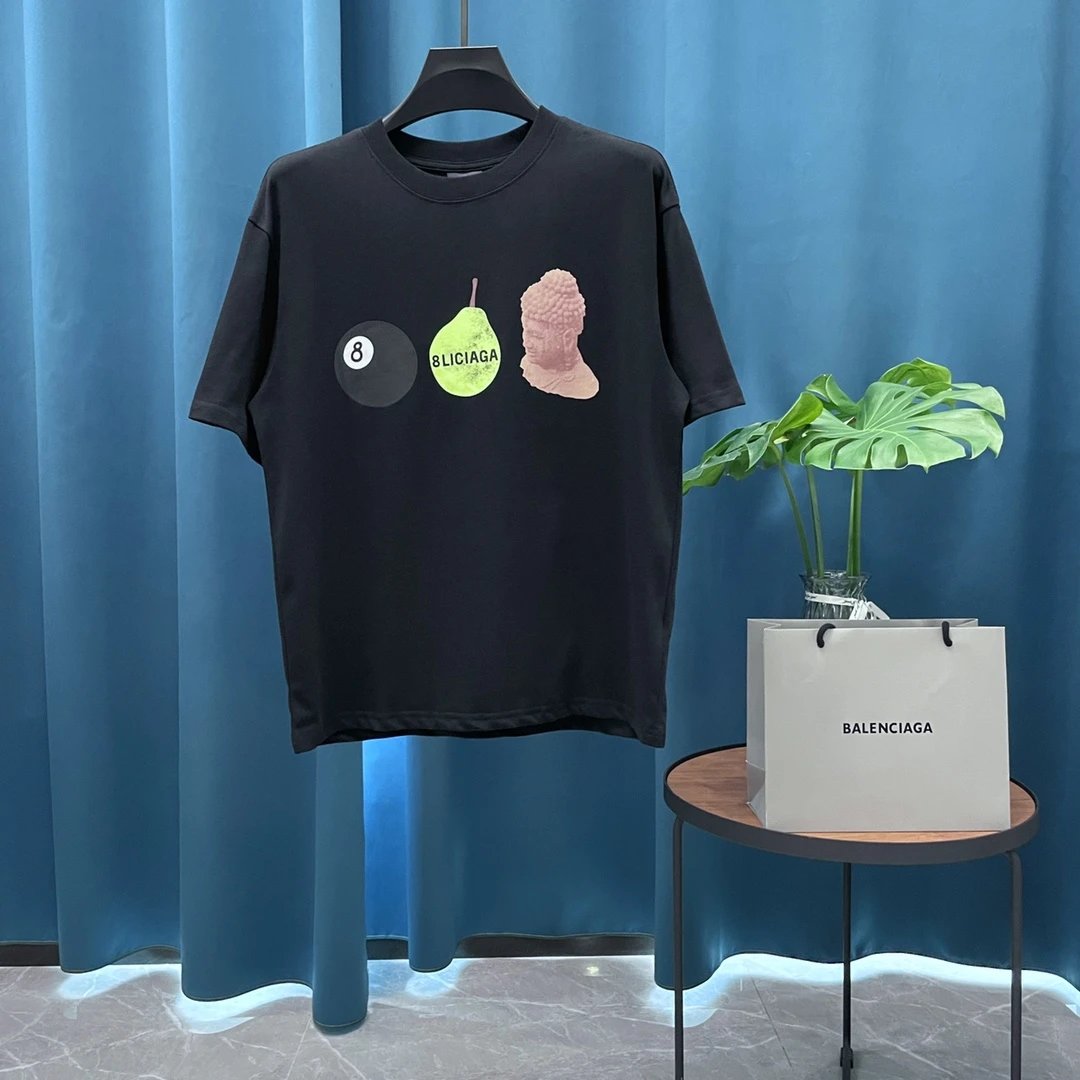 Balenciaga T-shirt Frontal Character Print logo round Neck Short Sleeve25ss New Pure Cotton Unisex Style T T-shirt OS Loose Fit Base Shirt Casual Top Short Sleeve T-Shirt