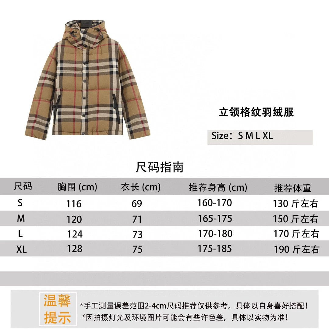 Burberry Down jacket Sleeve Detachable Stand Collar Plaid down Jacket Men and Women Same Style