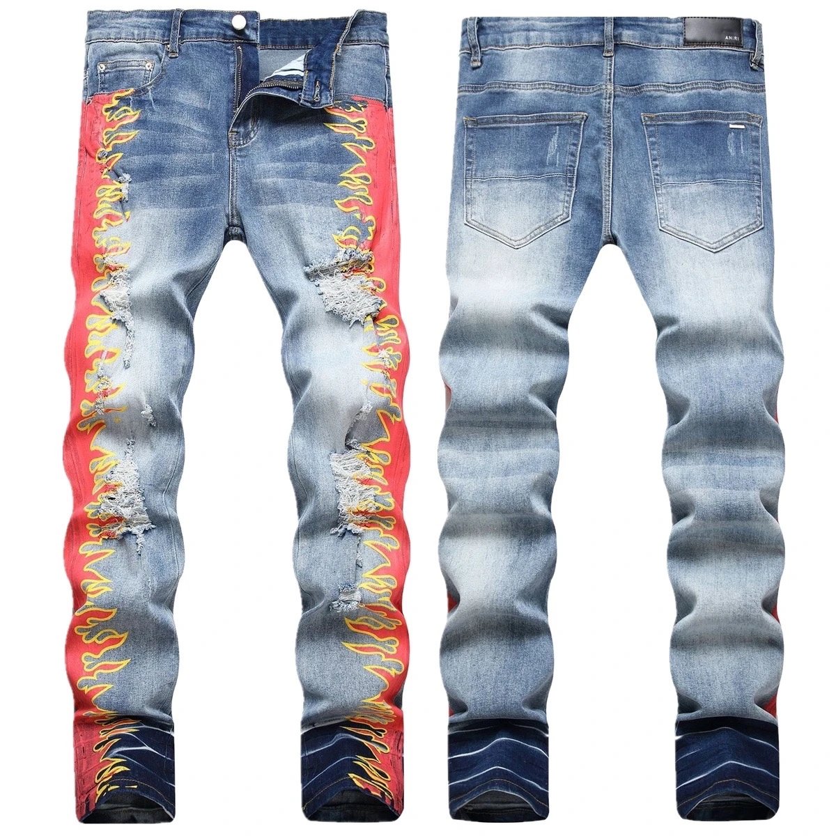 Amiri Jeans New Foreign Trade Style Fashion Blue with Holes Paste Cloth Embroidery Elastic Mid-Waist Feet Men's Jeans